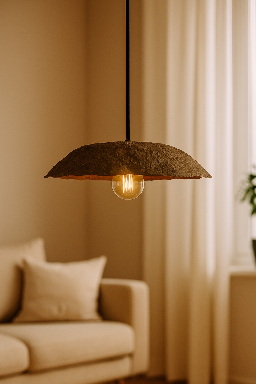 Pendant light hanging in a living room with a blurred sofa and curtains in the background